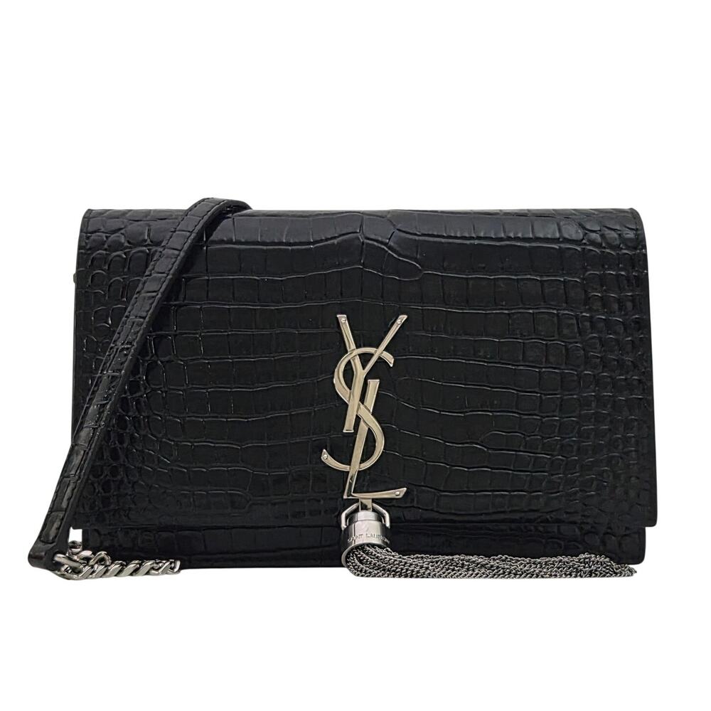 Saint Laurent Crocodile Embossed Kate Monogram Tassel Chain Wallet Black
